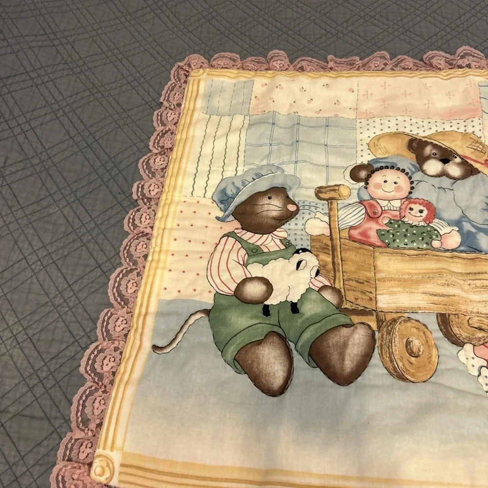 Vintage Country Bear Friends Baby Nursery Quilt Blanket 27x36 Cottagecore